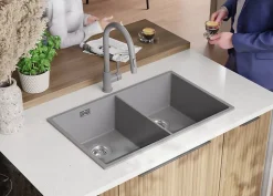 PRIMAGRAN Evier Cuisine en Granit Gris 76x47cm, Lavabo 2 bacs + Kit de Vidage + Accessoires, Évier à Encastrer au meuble 80cm