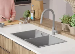 PRIMAGRAN Evier Cuisine en Granit Gris 76x47cm, Lavabo 2 bacs + Kit de Vidage + Accessoires, Évier à Encastrer au meuble 80cm
