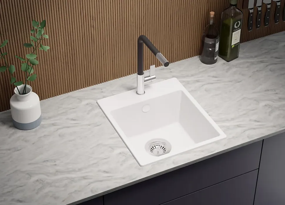 PRIMAGRAN Evier Cuisine en Granit Blanc 38x44cm, Lavabo 1 bac + Kit de Vidage, Évier à Encastrer au meuble 40cm - Riga Easy