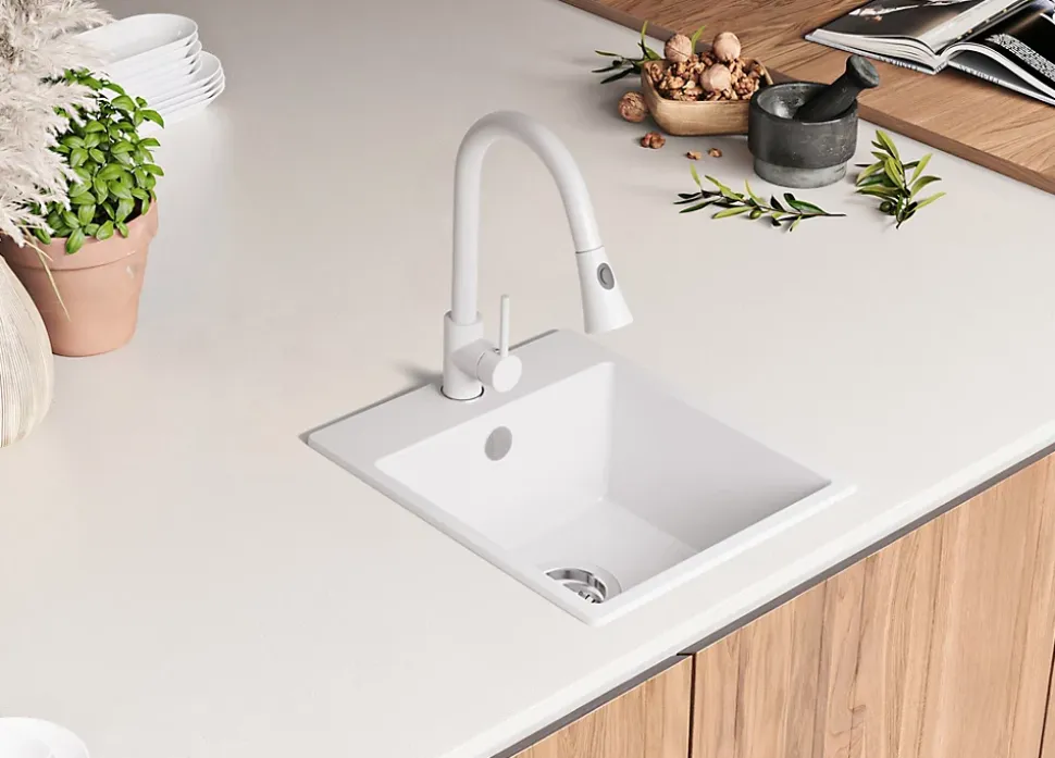 PRIMAGRAN Evier Cuisine en Granit Blanc 38x44cm, Lavabo 1 bac + Kit de Vidage, Évier à Encastrer au meuble 40cm - Riga Easy