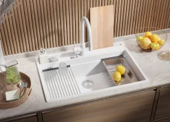 PRIMAGRAN Evier Cuisine en Granit Blanc 78x53cm, Lavabo 1 bac + Kit de Vidage + Accessoires, Évier à Encastrer au meuble 80cm