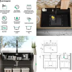 PRIMAGRAN Evier Cuisine en Granit Blanc 78x53cm, Lavabo 1 bac + Kit de Vidage + Accessoires, Évier à Encastrer au meuble 80cm