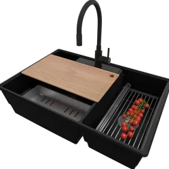 PRIMAGRAN Evier Cuisine en Granit Noir 78x53cm, Lavabo 2 bacs + Kit de Vidage + Accessoires, Évier à Encastrer au meuble 80cm