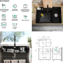 PRIMAGRAN Evier Cuisine en Granit Noir 78x53cm, Lavabo 2 bacs + Kit de Vidage + Accessoires, Évier à Encastrer au meuble 80cm