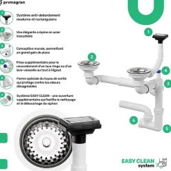 PRIMAGRAN Evier Cuisine en Granit Noir 78x53cm, Lavabo 2 bacs + Kit de Vidage + Accessoires, Évier à Encastrer au meuble 80cm