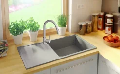 PRIMAGRAN Evier Cuisine en Granit Gris 90x50cm, Lavabo 1 bac + Kit de Vidage, Évier à Encastrer au meuble 60cm - Ibiza