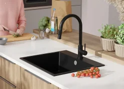 PRIMAGRAN Evier Cuisine en Granit Tout Noir 58x50cm, Lavabo 1 bac + Kit de Vidage + Accessoires, Évier à Encastrer au meuble 60cm