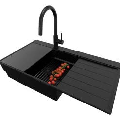 PRIMAGRAN Evier Cuisine en Granit Tout Noir 90x50cm, Lavabo 1 bac + Kit de Vidage + Accessoires, Évier à Encastrer au meuble 60cm