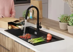 PRIMAGRAN Evier Cuisine en Granit Tout Noir 90x50cm, Lavabo 1 bac + Kit de Vidage + Accessoires, Évier à Encastrer au meuble 60cm