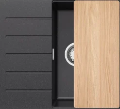 PRIMAGRAN Evier Cuisine en Granit Graphite 55x50cm, Lavabo 1 bac + Kit de Vidage + Accessoires, Évier à Encastrer au meuble 40cm