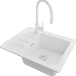 PRIMAGRAN Evier Cuisine en Granit Tout Blanc 55x44cm, Lavabo 1 bac + Accessoires, Évier à Encastrer au meuble 45cm