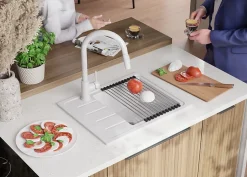 PRIMAGRAN Evier Cuisine en Granit Tout Blanc 55x44cm, Lavabo 1 bac + Accessoires, Évier à Encastrer au meuble 45cm