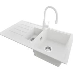 PRIMAGRAN Evier Cuisine en Granit Blanc 90x50cm, Lavabo 1,5 bacs + Kit de Vidage + Accessoires, Évier à Encastrer au meuble 60cm