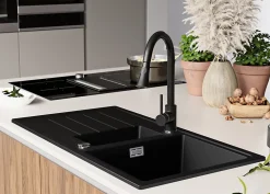 PRIMAGRAN Evier Cuisine en Granit Tout Noir 90x50cm, Lavabo 1,5 bacs + Accessoires, Évier à Encastrer au meuble 60cm