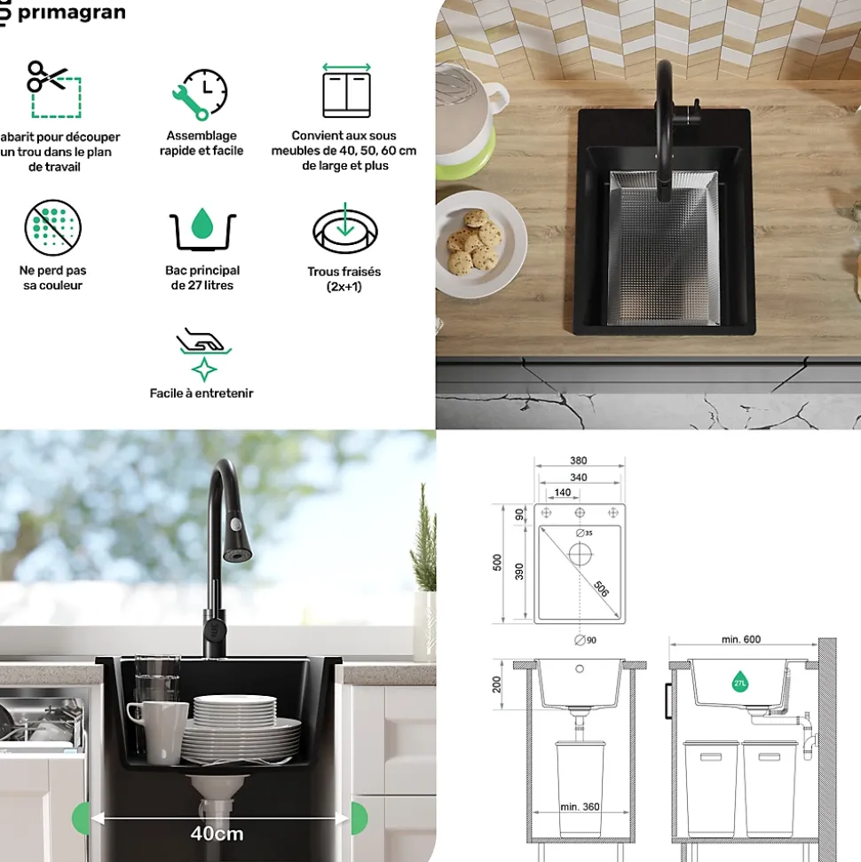 PRIMAGRAN Evier Cuisine en Granit Tout Noir 38x50cm, Lavabo 1 bac + Kit de Vidage, Évier à Encastrer au meuble 40cm - Riga