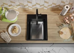 PRIMAGRAN Evier Cuisine en Granit Tout Noir 38x50cm, Lavabo 1 bac + Kit de Vidage, Évier à Encastrer au meuble 40cm - Riga