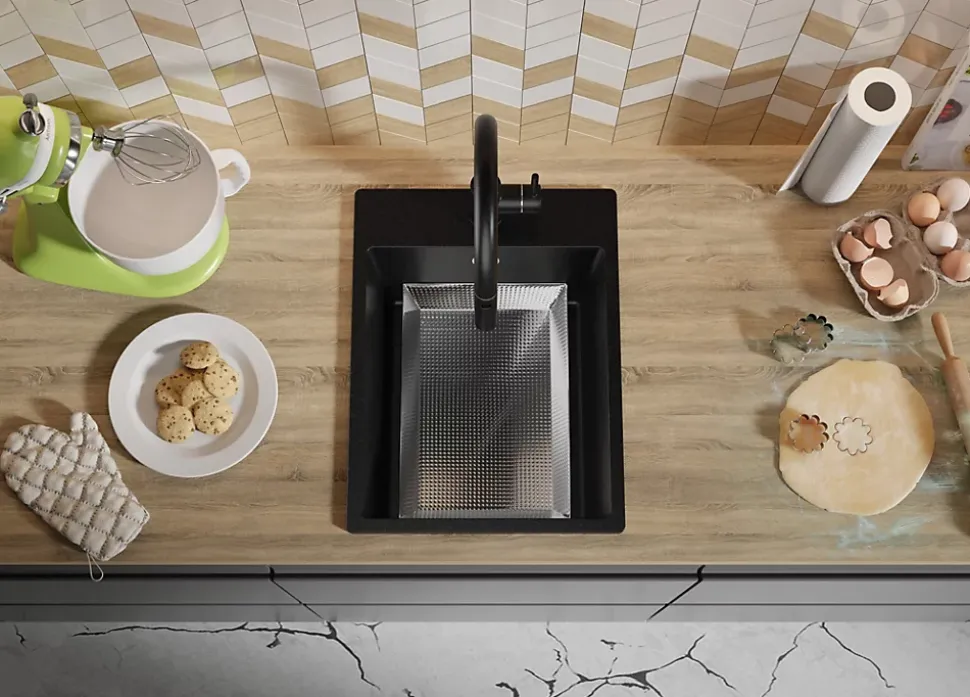 PRIMAGRAN Evier Cuisine en Granit Tout Noir 38x50cm, Lavabo 1 bac + Kit de Vidage, Évier à Encastrer au meuble 40cm - Riga