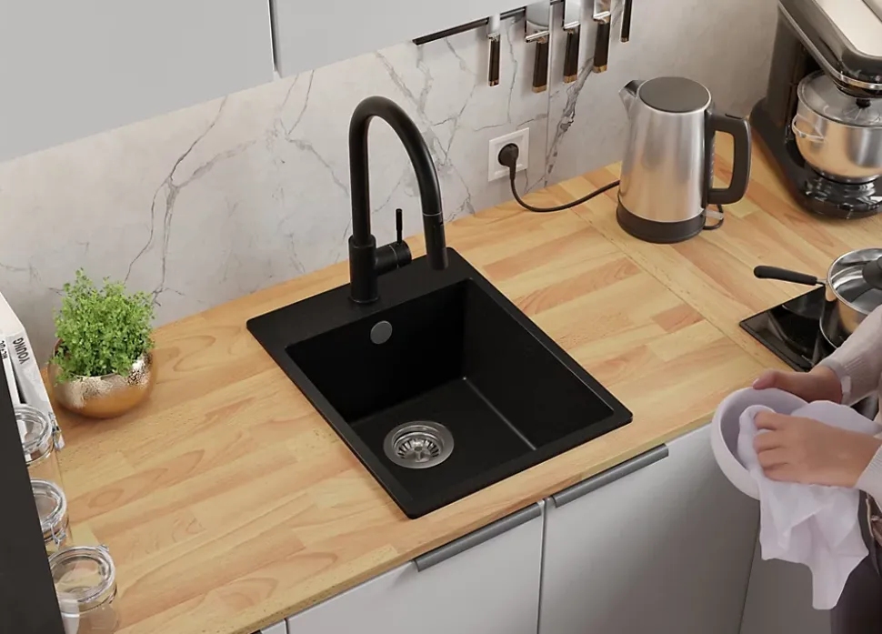 PRIMAGRAN Evier Cuisine en Granit Tout Noir 38x50cm, Lavabo 1 bac + Kit de Vidage, Évier à Encastrer au meuble 40cm - Riga