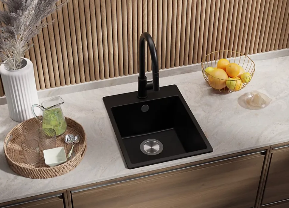 PRIMAGRAN Evier Cuisine en Granit Tout Noir 38x50cm, Lavabo 1 bac + Kit de Vidage, Évier à Encastrer au meuble 40cm - Riga