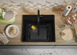 PRIMAGRAN Evier Cuisine en Granit Tout Noir 58x50cm, Lavabo 1 bac + Kit de Vidage, Évier à Encastrer au meuble 60cm - Riga