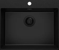 PRIMAGRAN Evier Cuisine en Granit Tout Noir 58x50cm, Lavabo 1 bac + Kit de Vidage, Évier à Encastrer au meuble 60cm - Riga