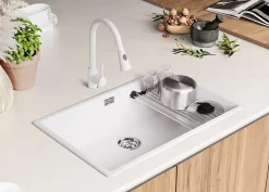 PRIMAGRAN Evier Cuisine en Granit Blanc 76x47cm, Lavabo 1 bac + Kit de Vidage + Accessoires, Évier à Encastrer au meuble 80cm