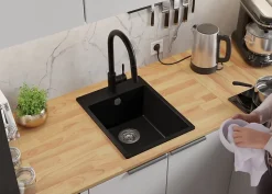 PRIMAGRAN Evier Cuisine en Granit Tout Noir 38x50cm, Lavabo 1 bac + Kit de Vidage + Accessoires, Évier à Encastrer au meuble 40cm