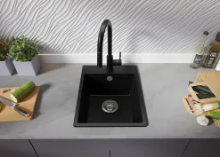 PRIMAGRAN Evier Cuisine en Granit Tout Noir 38x50cm, Lavabo 1 bac + Kit de Vidage + Accessoires, Évier à Encastrer au meuble 40cm