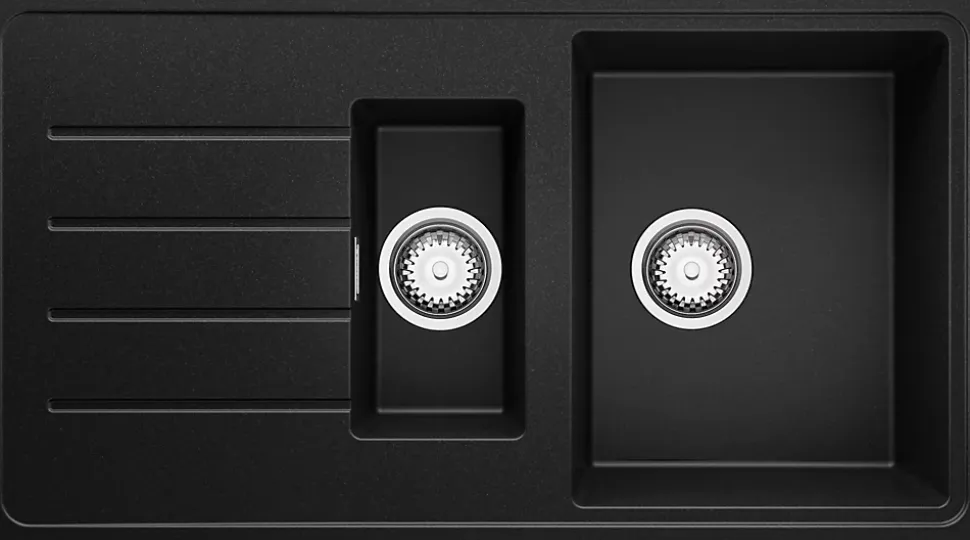 PRIMAGRAN Evier Cuisine en Granit Noir 90x50cm, Lavabo 1,5 bacs + Kit de Vidage + Accessoires, Évier à Encastrer au meuble 60cm
