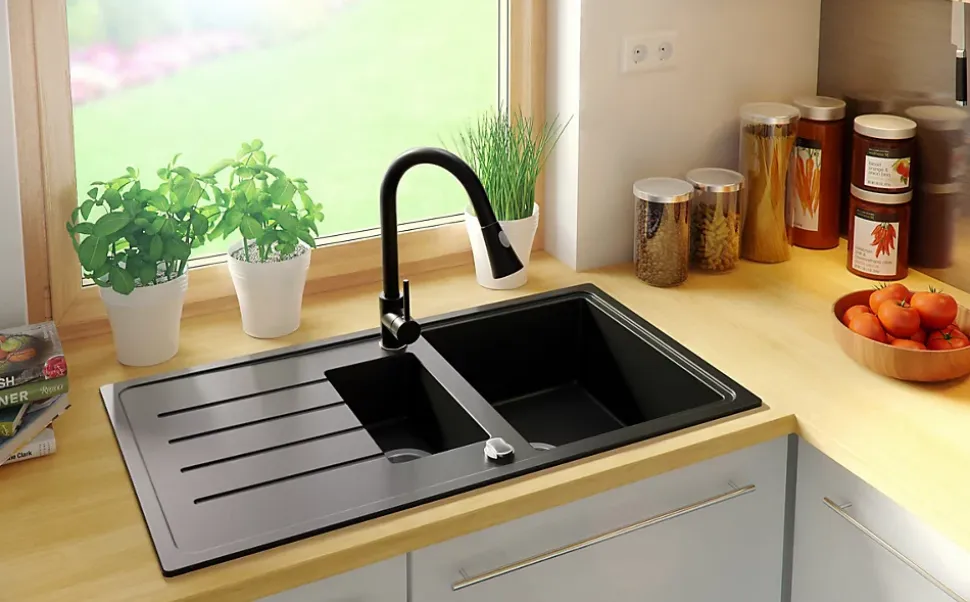 PRIMAGRAN Evier Cuisine en Granit Noir 90x50cm, Lavabo 1,5 bacs + Kit de Vidage + Accessoires, Évier à Encastrer au meuble 60cm