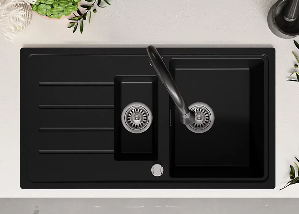PRIMAGRAN Evier Cuisine en Granit Noir 90x50cm, Lavabo 1,5 bacs + Kit de Vidage + Accessoires, Évier à Encastrer au meuble 60cm
