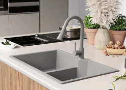 PRIMAGRAN Evier Cuisine en Granit Gris 78x50cm, Lavabo 2 bacs + Kit de Vidage, Évier à Encastrer au meuble 80cm - Madrid Twin
