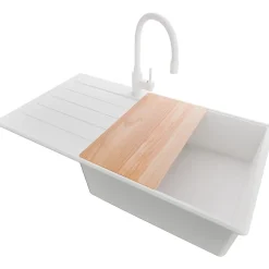 PRIMAGRAN Evier Cuisine en Granit Tout Blanc 90x50cm, Lavabo 1 bac + Accessoires, Évier à Encastrer au meuble 60cm
