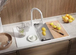 PRIMAGRAN Evier Cuisine en Granit Tout Blanc 90x50cm, Lavabo 1 bac + Accessoires, Évier à Encastrer au meuble 60cm