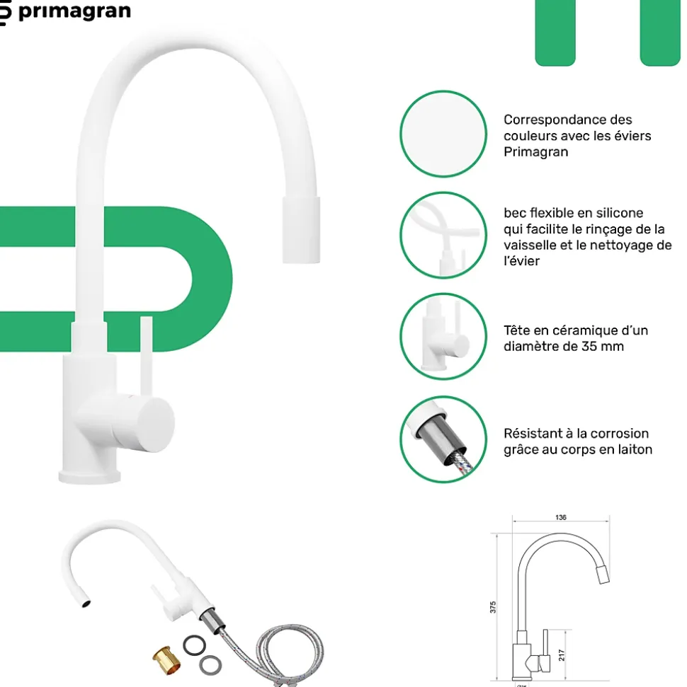 PRIMAGRAN Evier Cuisine en Granit Tout Blanc 90x50cm, Lavabo 1 bac + Accessoires, Évier à Encastrer au meuble 60cm