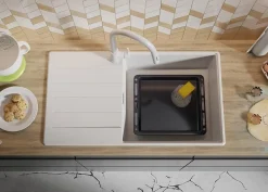 PRIMAGRAN Evier Cuisine en Granit Tout Blanc 90x50cm, Lavabo 1 bac + Accessoires, Évier à Encastrer au meuble 60cm