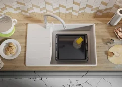 PRIMAGRAN Evier Cuisine en Granit Blanc 78x50cm, Lavabo 1 bac + Kit de Vidage + Accessoires, Évier à Encastrer au meuble 60cm