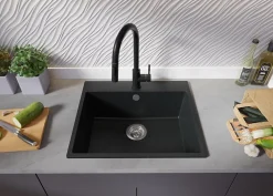 PRIMAGRAN Evier Cuisine en Granit Graphite 58x50cm, Lavabo 1 bac + Kit de Vidage, Évier à Encastrer au meuble 60cm - Riga