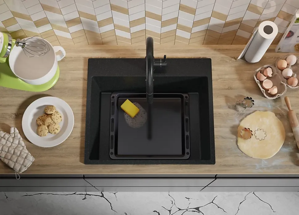 PRIMAGRAN Evier Cuisine en Granit Graphite 58x50cm, Lavabo 1 bac + Kit de Vidage, Évier à Encastrer au meuble 60cm - Riga