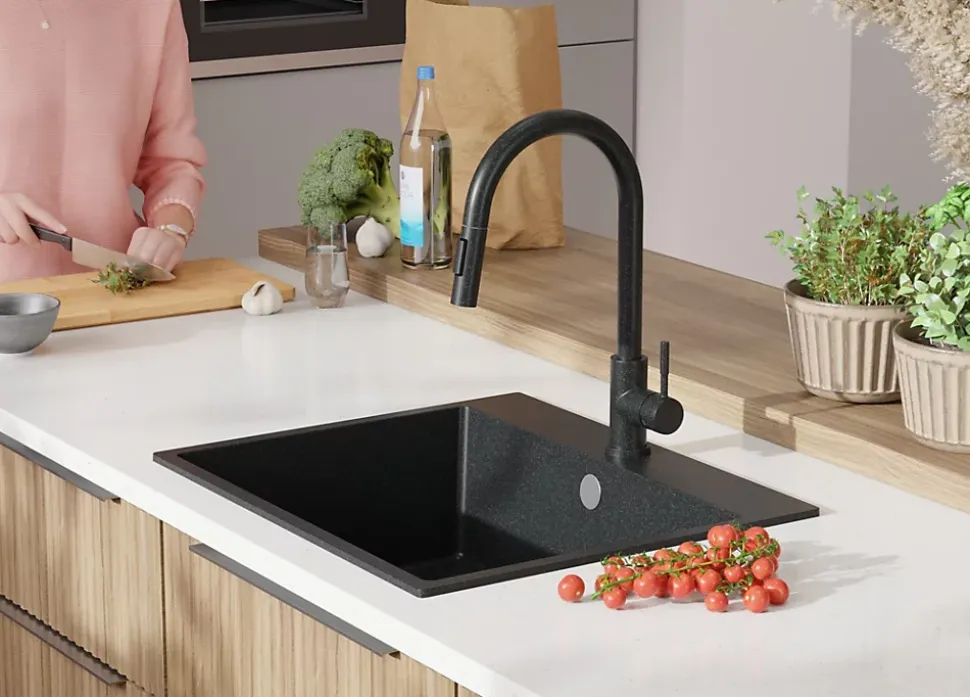 PRIMAGRAN Evier Cuisine en Granit Graphite 58x50cm, Lavabo 1 bac + Kit de Vidage, Évier à Encastrer au meuble 60cm - Riga