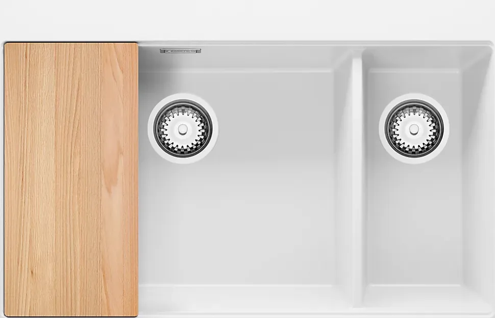 PRIMAGRAN Evier Cuisine en Granit Blanc 78x50cm, Lavabo 2 bacs + Kit de Vidage + Accessoires, Évier à Encastrer au meuble 80cm