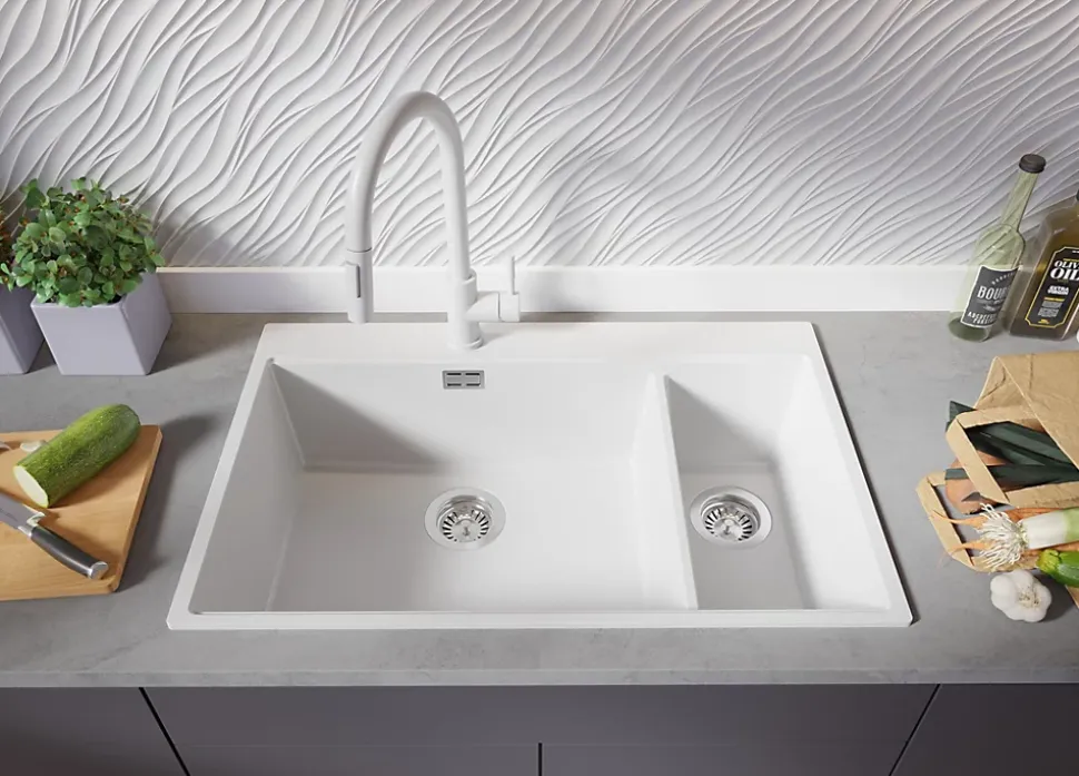 PRIMAGRAN Evier Cuisine en Granit Blanc 78x50cm, Lavabo 2 bacs + Kit de Vidage + Accessoires, Évier à Encastrer au meuble 80cm