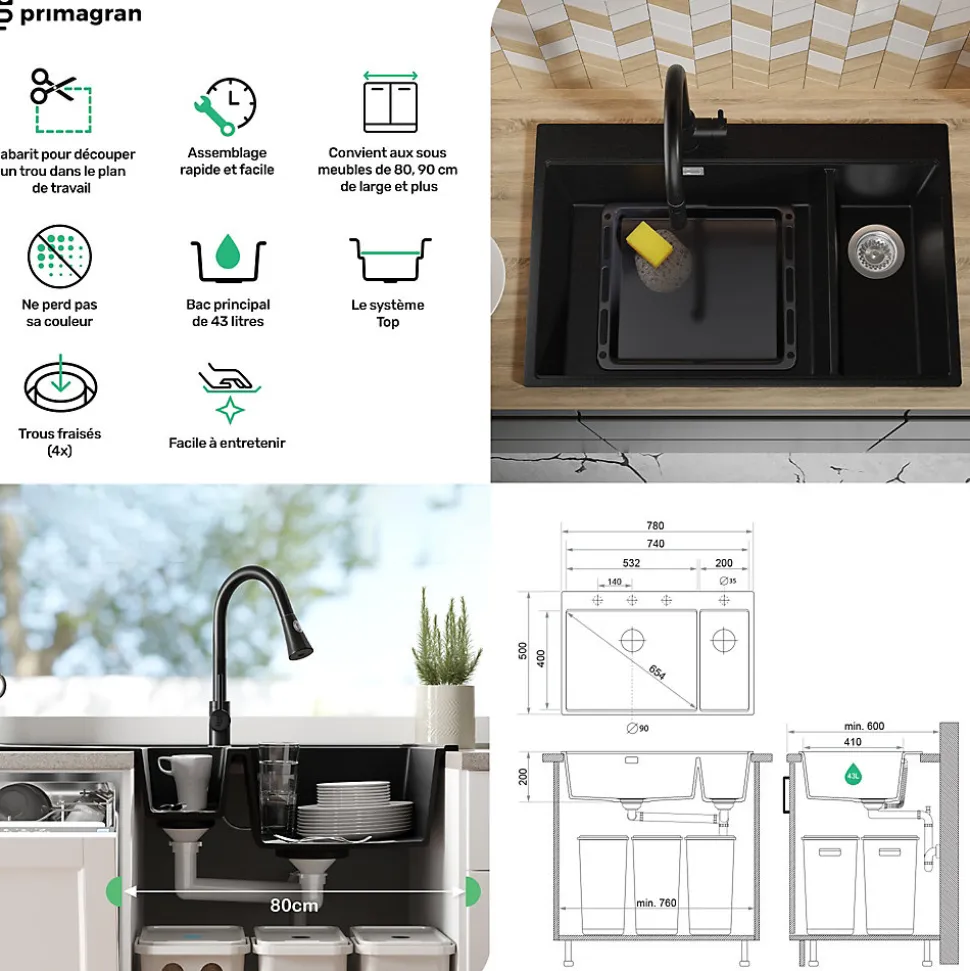 PRIMAGRAN Evier Cuisine en Granit Blanc 78x50cm, Lavabo 2 bacs + Kit de Vidage + Accessoires, Évier à Encastrer au meuble 80cm