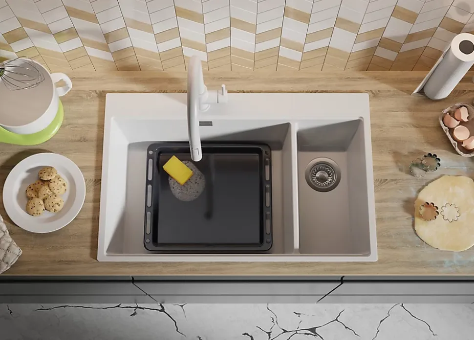 PRIMAGRAN Evier Cuisine en Granit Blanc 78x50cm, Lavabo 2 bacs + Kit de Vidage + Accessoires, Évier à Encastrer au meuble 80cm