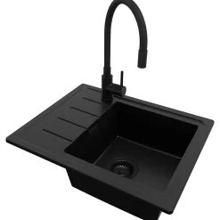 PRIMAGRAN Evier Cuisine en Granit Tout Noir 55x44cm, Lavabo 1 bac + Kit de Vidage + Accessoires, Évier à Encastrer au meuble 45cm