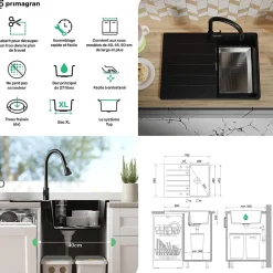 PRIMAGRAN Evier Cuisine en Granit Blanc 70x50cm, Lavabo 1 bac + Kit de Vidage + Accessoires, Évier à Encastrer au meuble 40cm