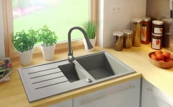 PRIMAGRAN Evier Cuisine en Granit Gris 90x50cm, Lavabo 1,5 bacs + Kit de Vidage + Accessoires, Évier à Encastrer au meuble 60cm