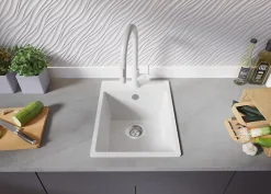 PRIMAGRAN Evier Cuisine en Granit Blanc 38x50cm, Lavabo 1 bac + Kit de Vidage, Évier à Encastrer au meuble 40cm - Riga