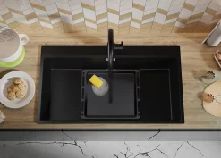 PRIMAGRAN Evier Cuisine en Granit Tout Noir 88x50cm, Lavabo 1 bac + Kit de Vidage + Accessoires, Évier à Encastrer au meuble 90cm