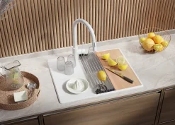 PRIMAGRAN Evier Cuisine en Granit Tout Blanc 62x50cm, Lavabo 1 bac + Accessoires, Évier à Encastrer au meuble 45cm